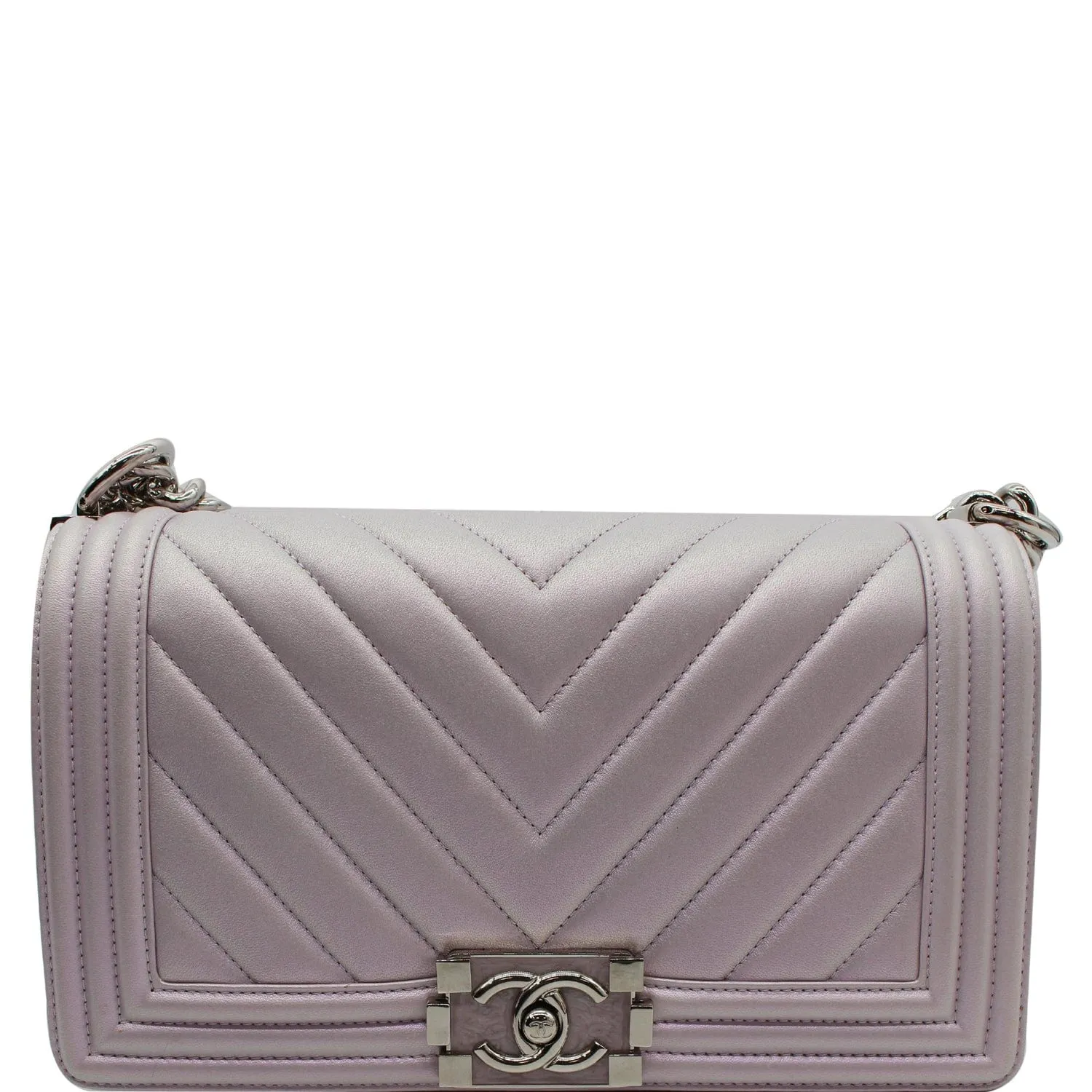 CHANEL Medium Boy Flap Chevron Leather Shoulder Bag Iridescent Lilac