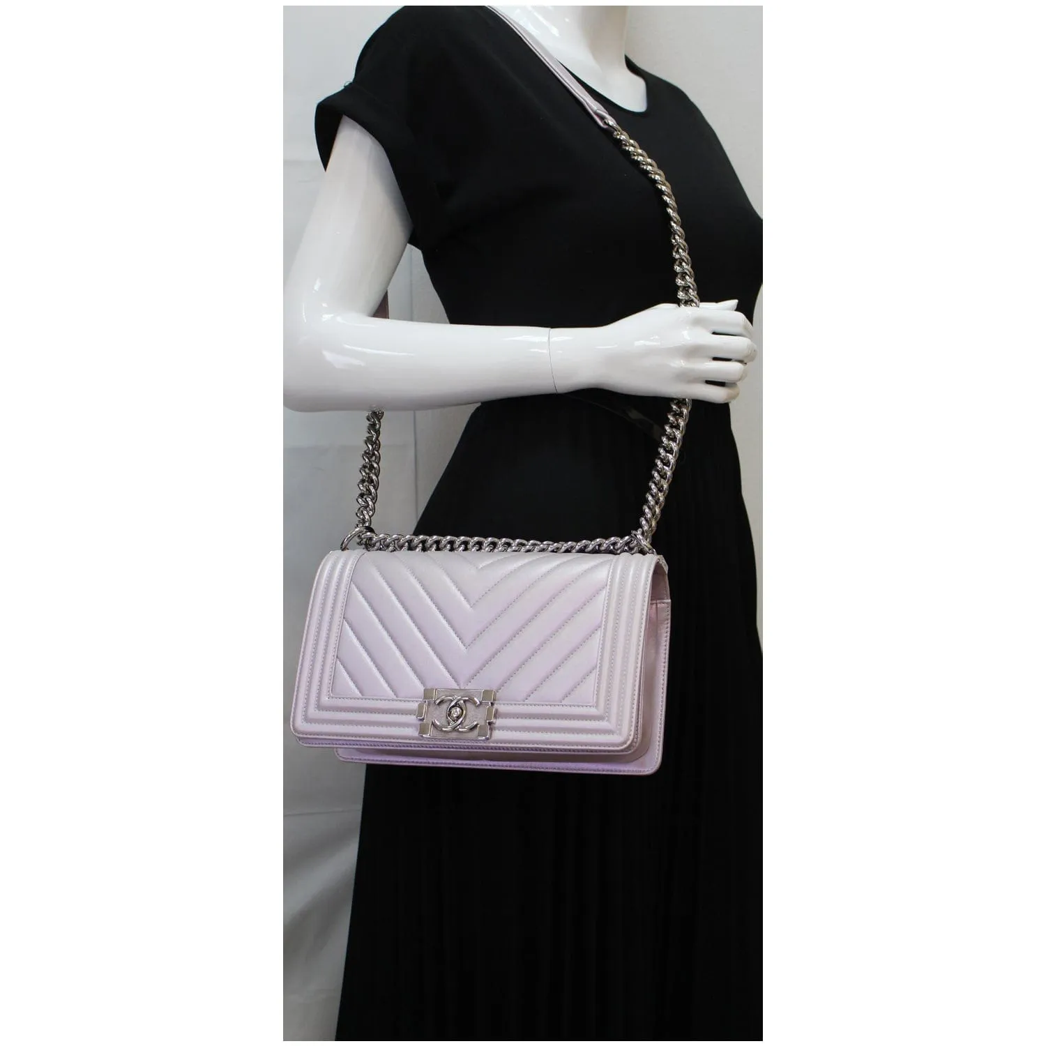 CHANEL Medium Boy Flap Chevron Leather Shoulder Bag Iridescent Lilac