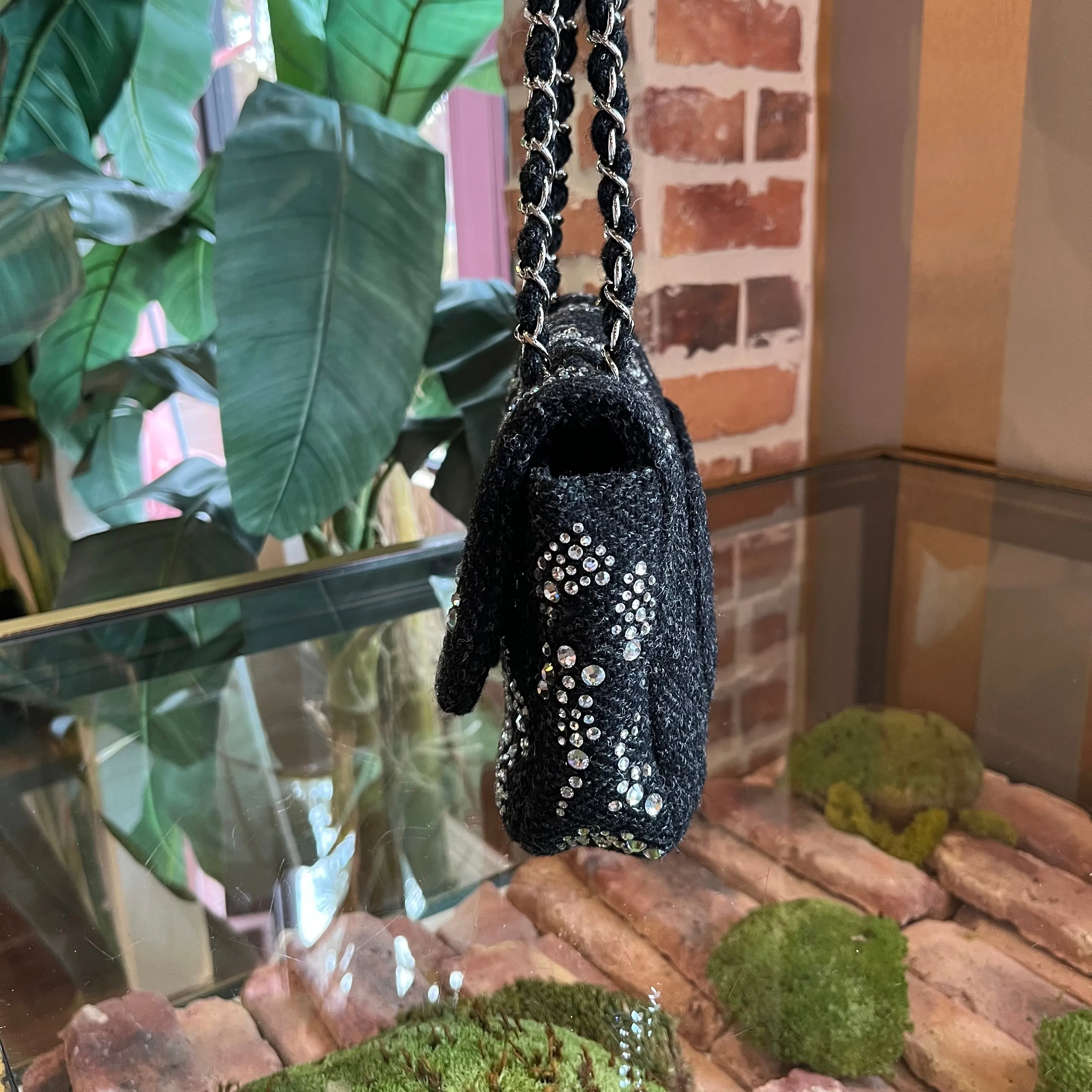 CHANEL Strass Embellished Medium Black Tweed Single Flap Bag