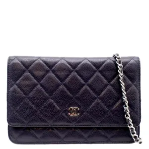 CHANEL WOC Quilted Caviar Leather Crossbody Wallet Navy Blue