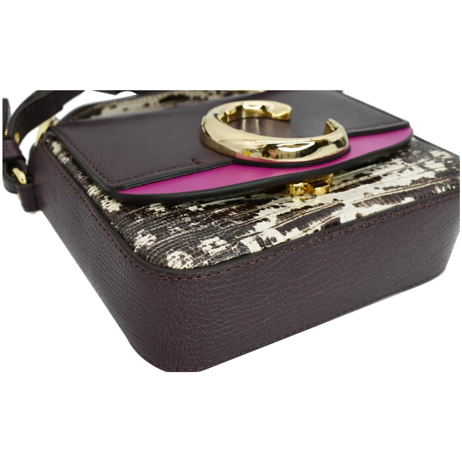 CHLOE Mini C Flap Double Carry Embossed Leather Crossbody Bag Raisin