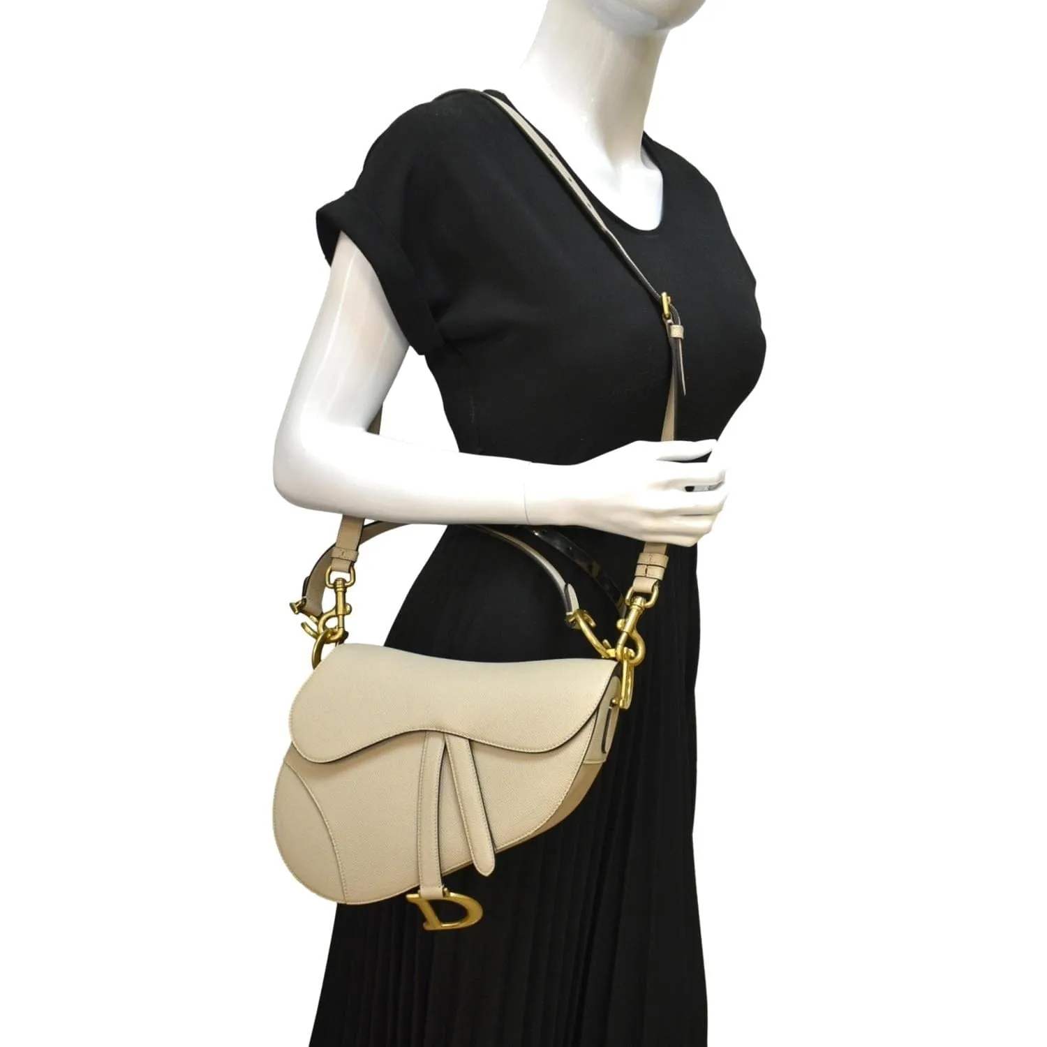 CHRISTIAN DIOR Saddle Grained Calfskin Leather Shoulder Bag Beige