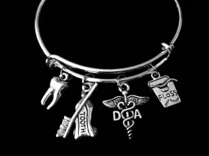 Dental Assistant Jewelry DA Expandable Charm Bracelet Silver Tooth Floss Toothpaste Toothbrush Adjustable Wire Bangle One Size Fits All Gift