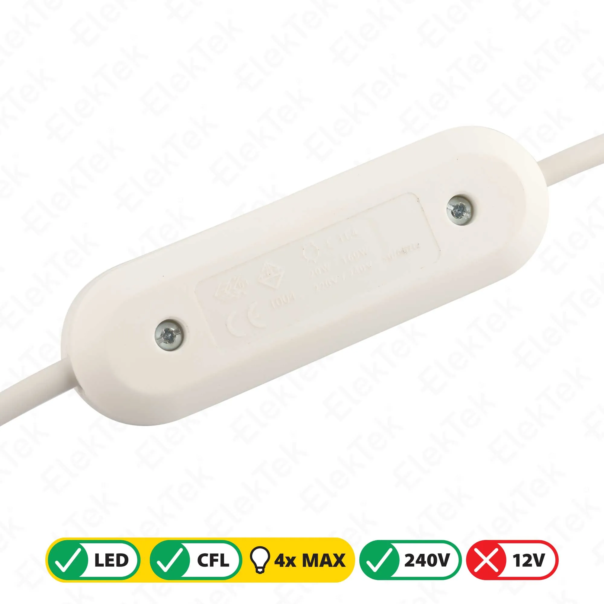 ElekTek LED Compatible Universal In Line Push Button Dimmer Switch 240v AC 2 Core Suitable For LED CFL & Incandescent Bulbs White