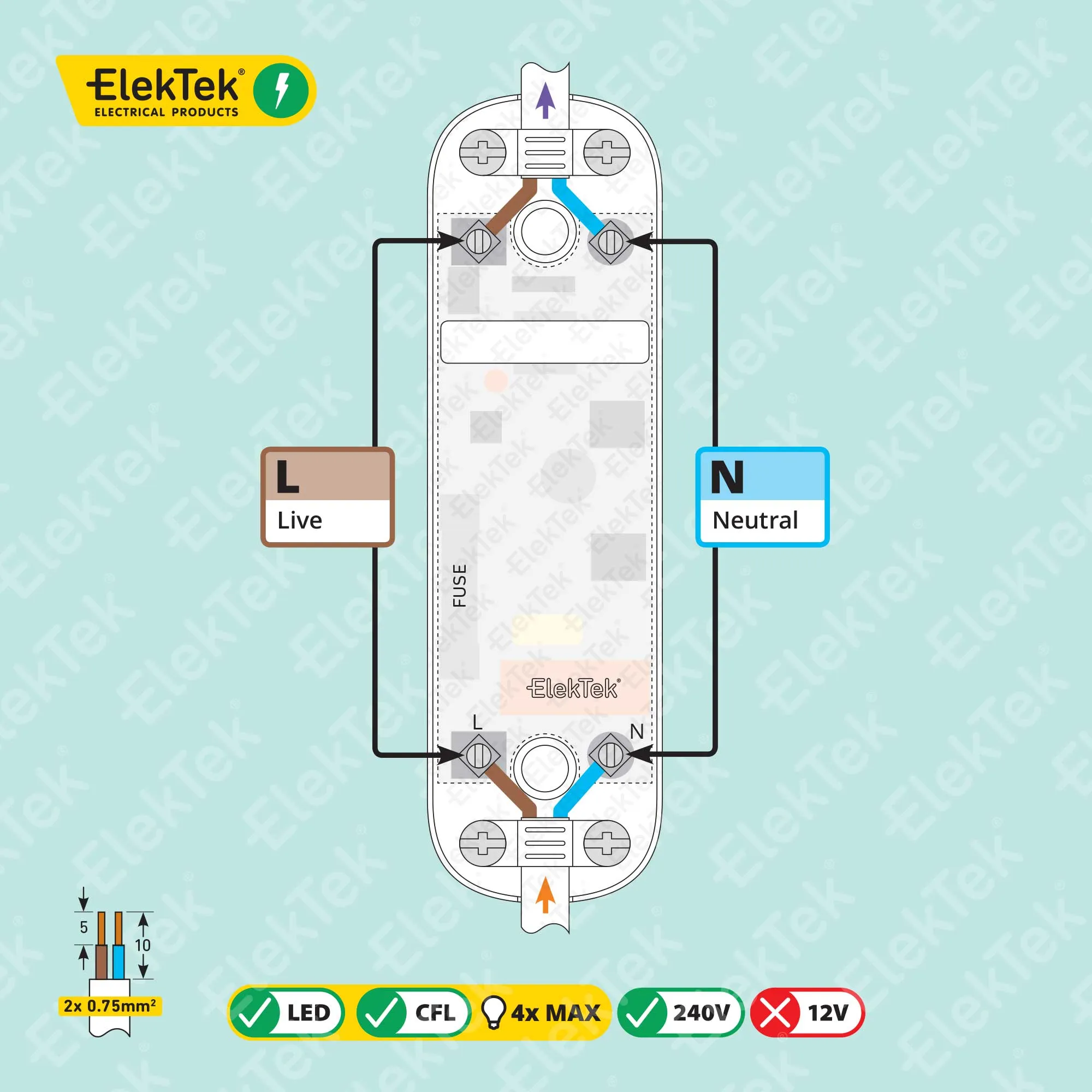 ElekTek LED Compatible Universal In Line Push Button Dimmer Switch 240v AC 2 Core Suitable For LED CFL & Incandescent Bulbs White