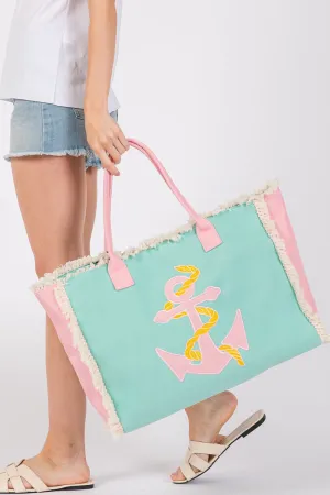 Embroidered Anchor Patch Fringe Tote Bag with Magnetic Closure and Inner Pocket Anchor - Pack of 6