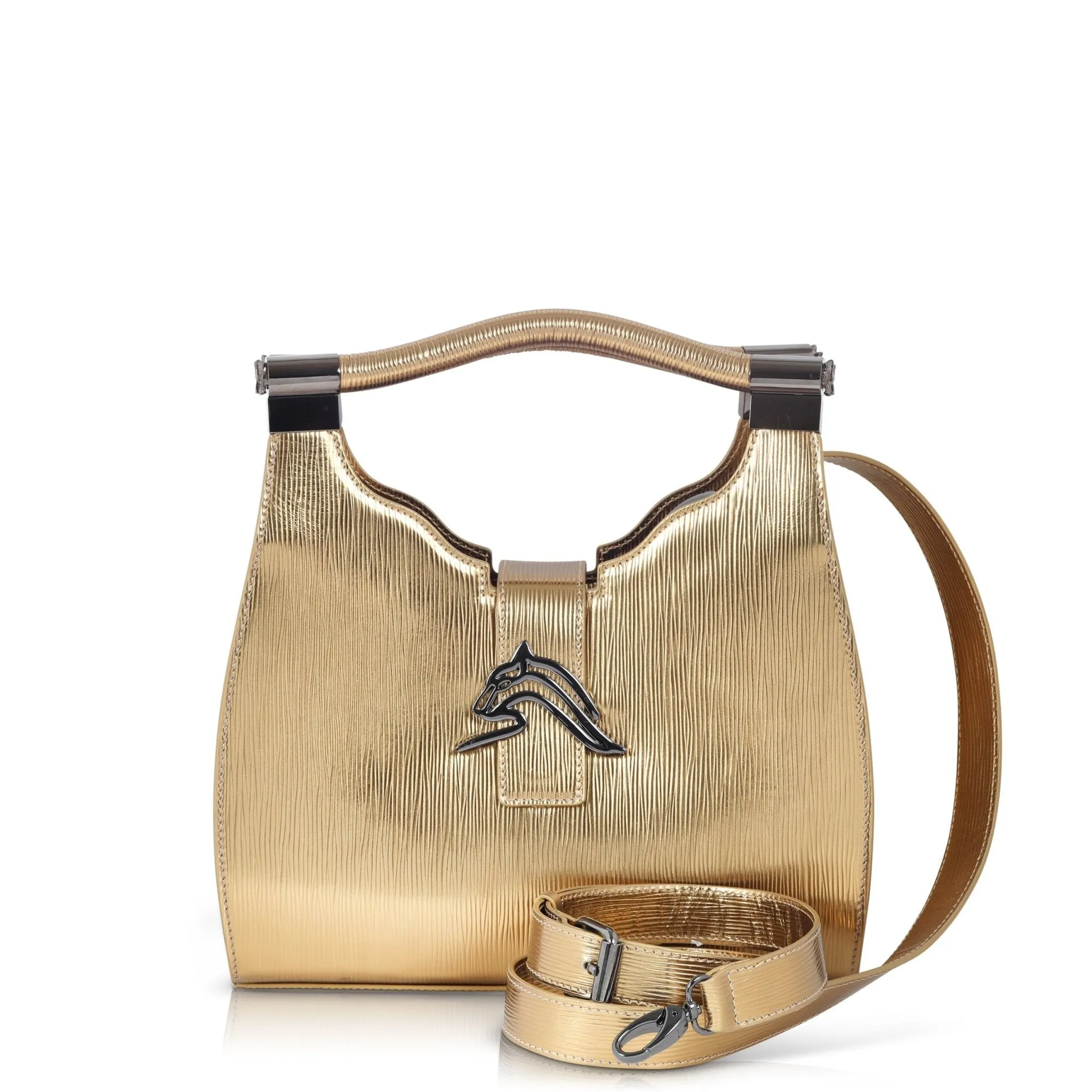 Empire Cheetah Mini Hobo: Designer Shoulder Bag in Metallic Gold Embossed Leather
