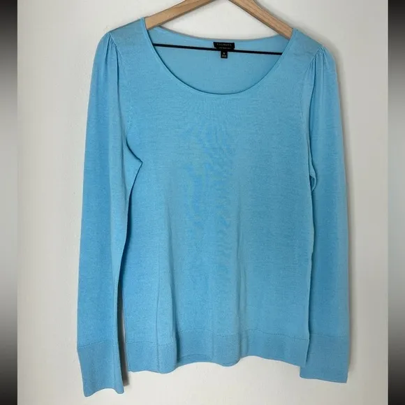 EUC Talbots Pure Merino Wool Blue Sweater Pleated Shoulder Pearl Cuffs Sz Medium