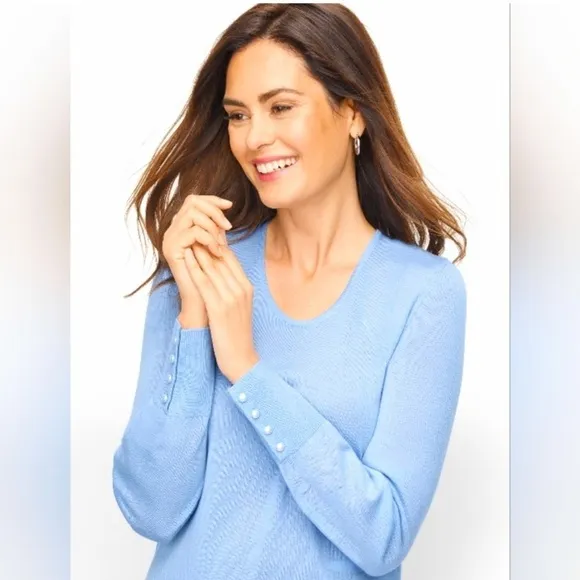 EUC Talbots Pure Merino Wool Blue Sweater Pleated Shoulder Pearl Cuffs Sz Medium