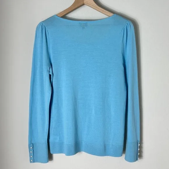 EUC Talbots Pure Merino Wool Blue Sweater Pleated Shoulder Pearl Cuffs Sz Medium