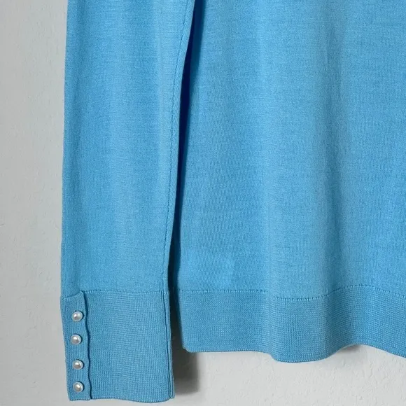 EUC Talbots Pure Merino Wool Blue Sweater Pleated Shoulder Pearl Cuffs Sz Medium