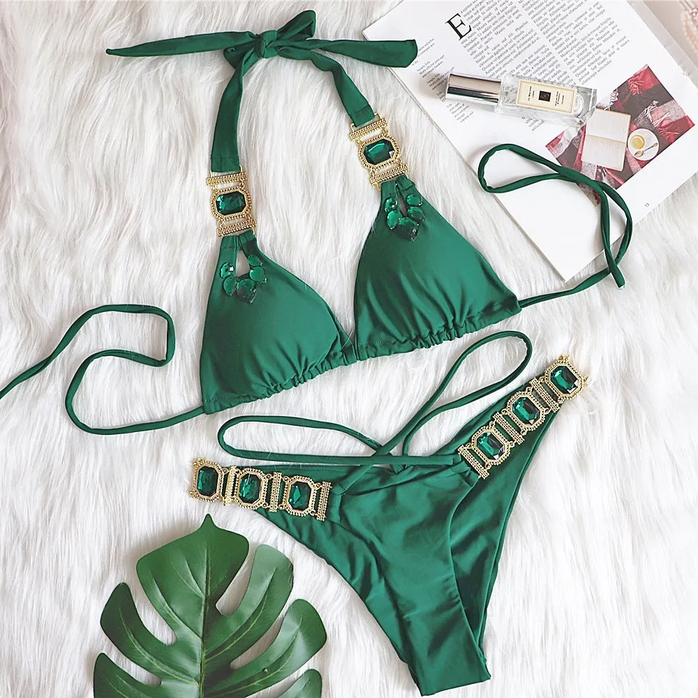 Golden Toned Crystal Studded Swimsuit Set