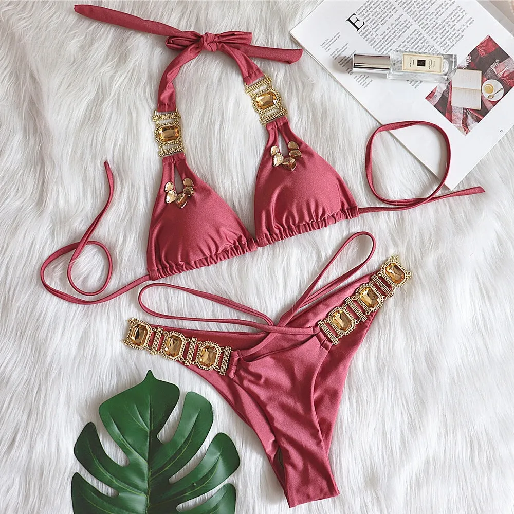 Golden Toned Crystal Studded Swimsuit Set