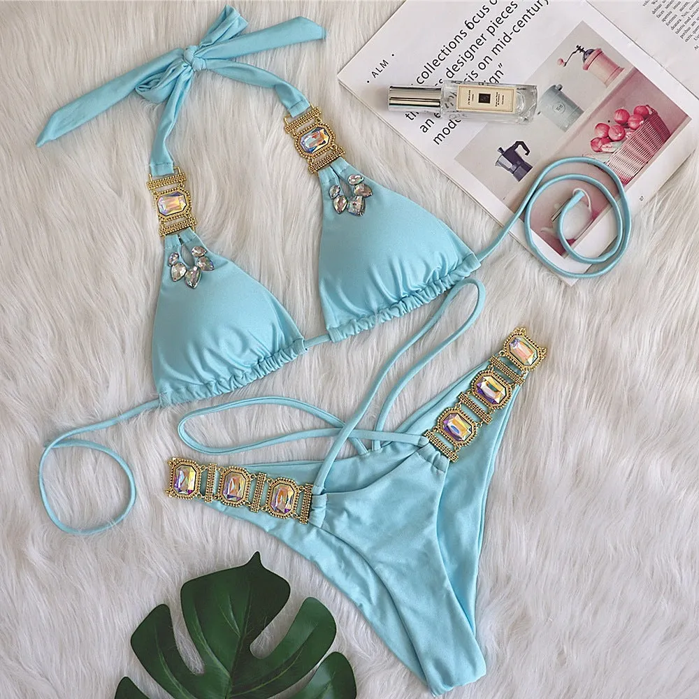 Golden Toned Crystal Studded Swimsuit Set