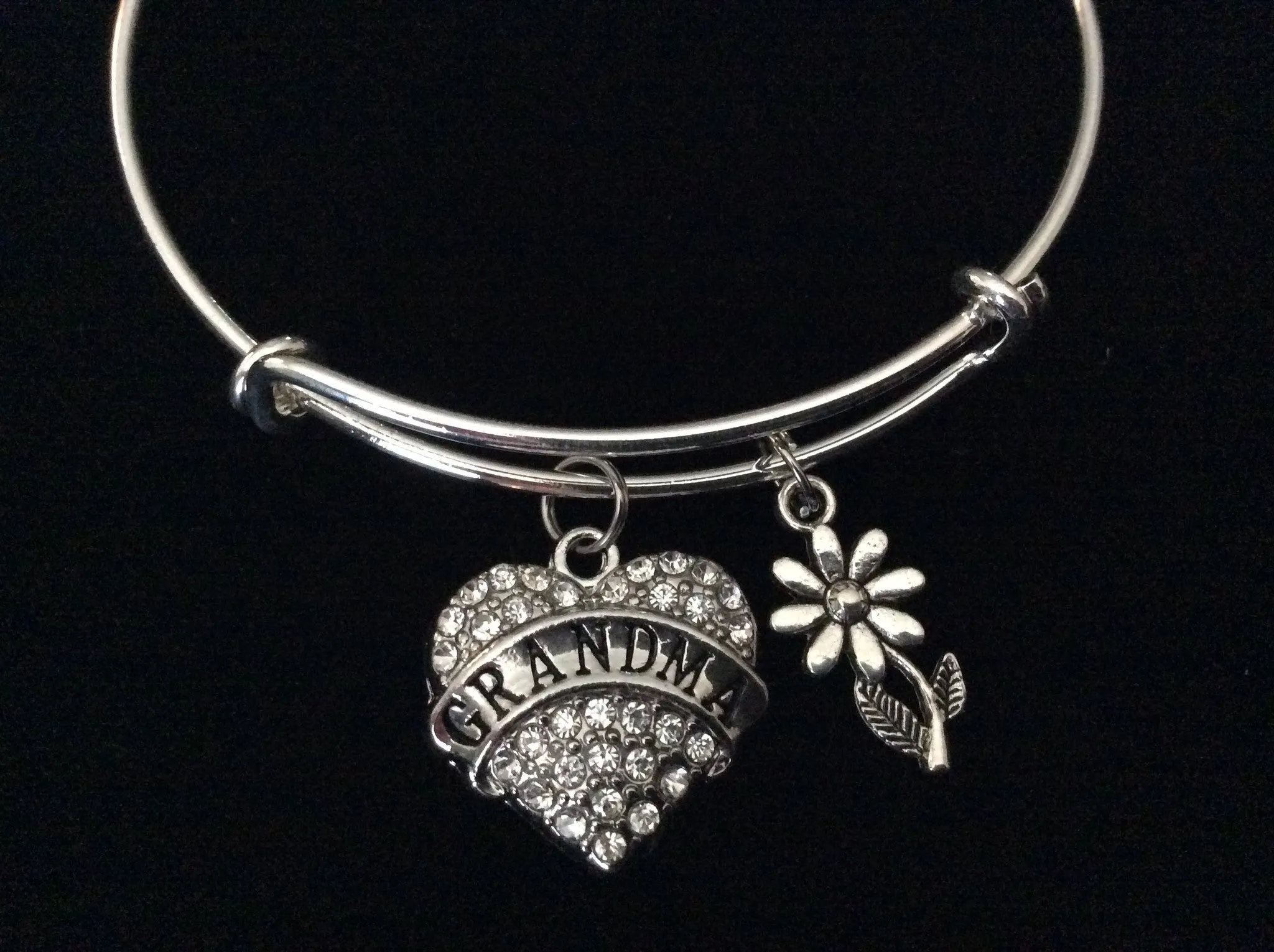 Grandma Crystal Heart Silver Charm Bracelet Adjustable Wire Bangle Expandable