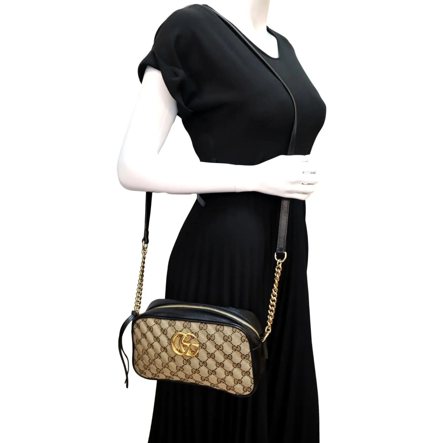 GUCCI GG Marmont Small Matelasse Canvas Leather Crossbody Bag Beige 447632