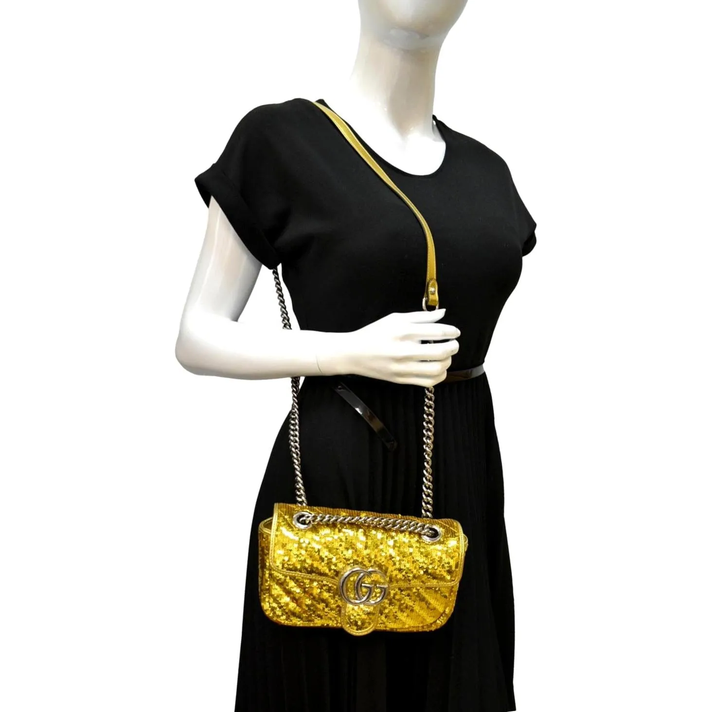 GUCCI GG Mini Marmont Sequin Shoulder Bag Gold 446744