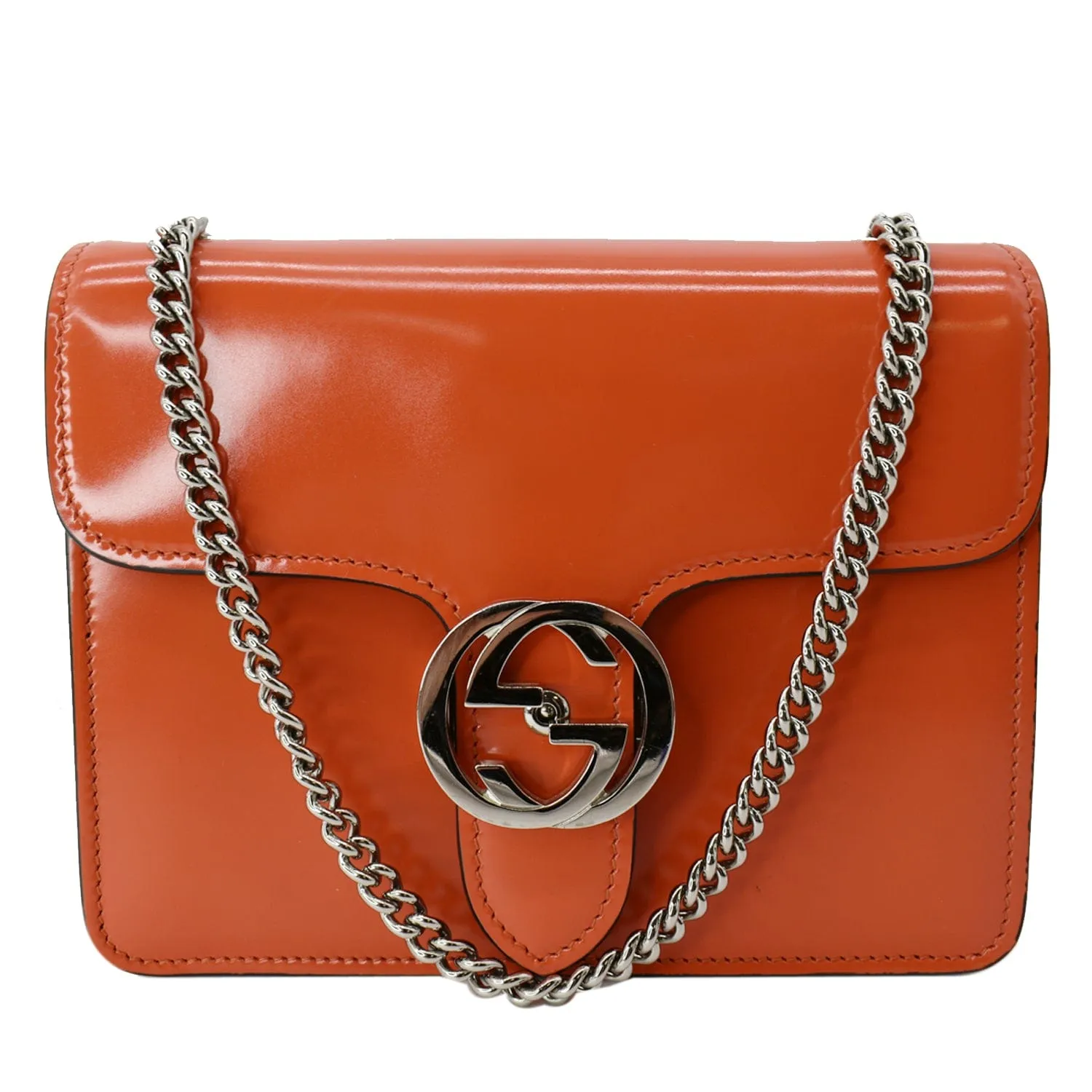 GUCCI Interlocking G Closure Leather Shoulder Bag Orange 387609