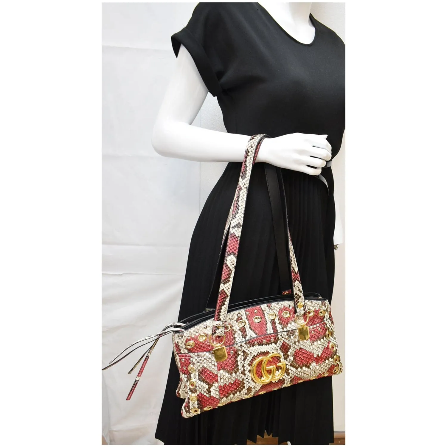 GUCCI Large Arli Snakeskin Leather Top Handle Shoulder Bag Multicolor 550130