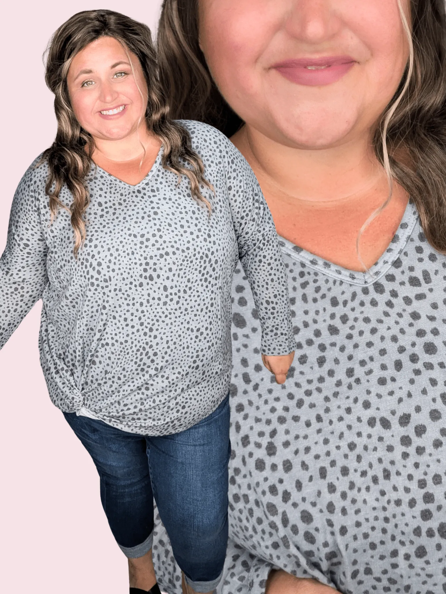 Gwenna Spotted   Knotted Vneck Pullover in Grays