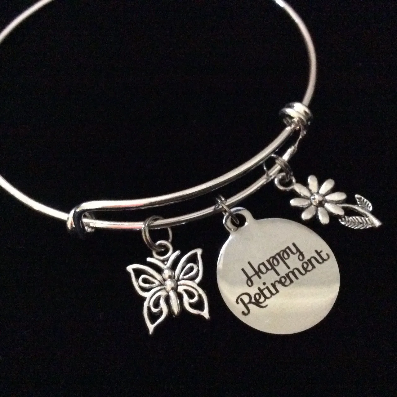 Happy Retirement Butterfly Daisy Flower Expandable Silver Charm Bracelet Adjustable Bangle Office Worker Gift Retire