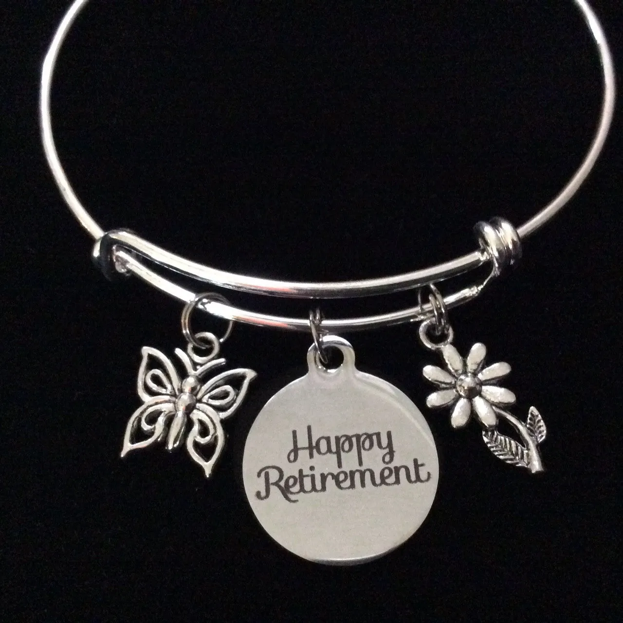 Happy Retirement Butterfly Daisy Flower Expandable Silver Charm Bracelet Adjustable Bangle Office Worker Gift Retire