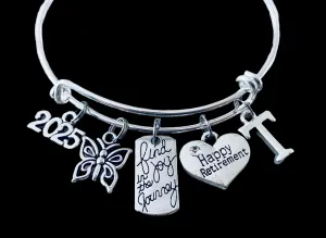 Happy Retirement Find Joy in the Journey Expandable Charm Bracelet Silver Adjustable Bangle Office Worker Gift Retire