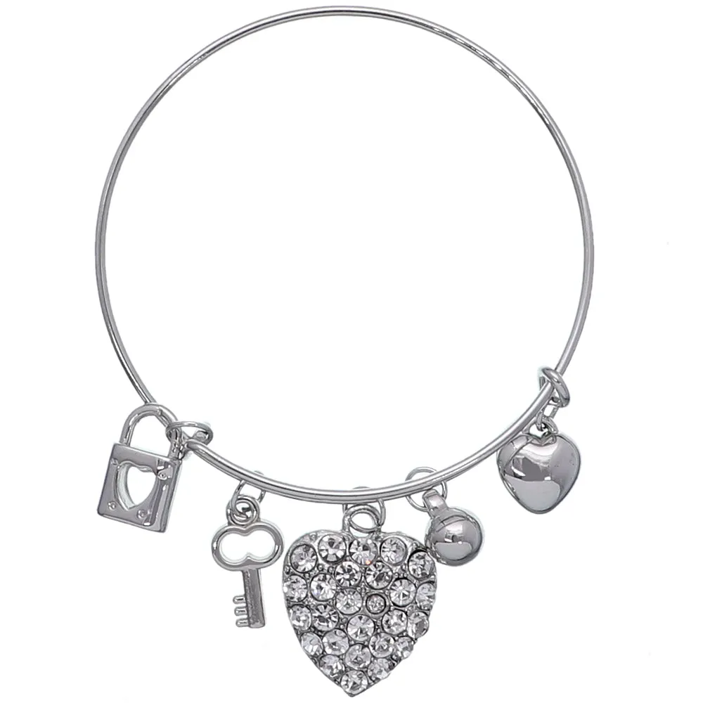 Heart Locket Key Charm Ajustable Wire Bracelet