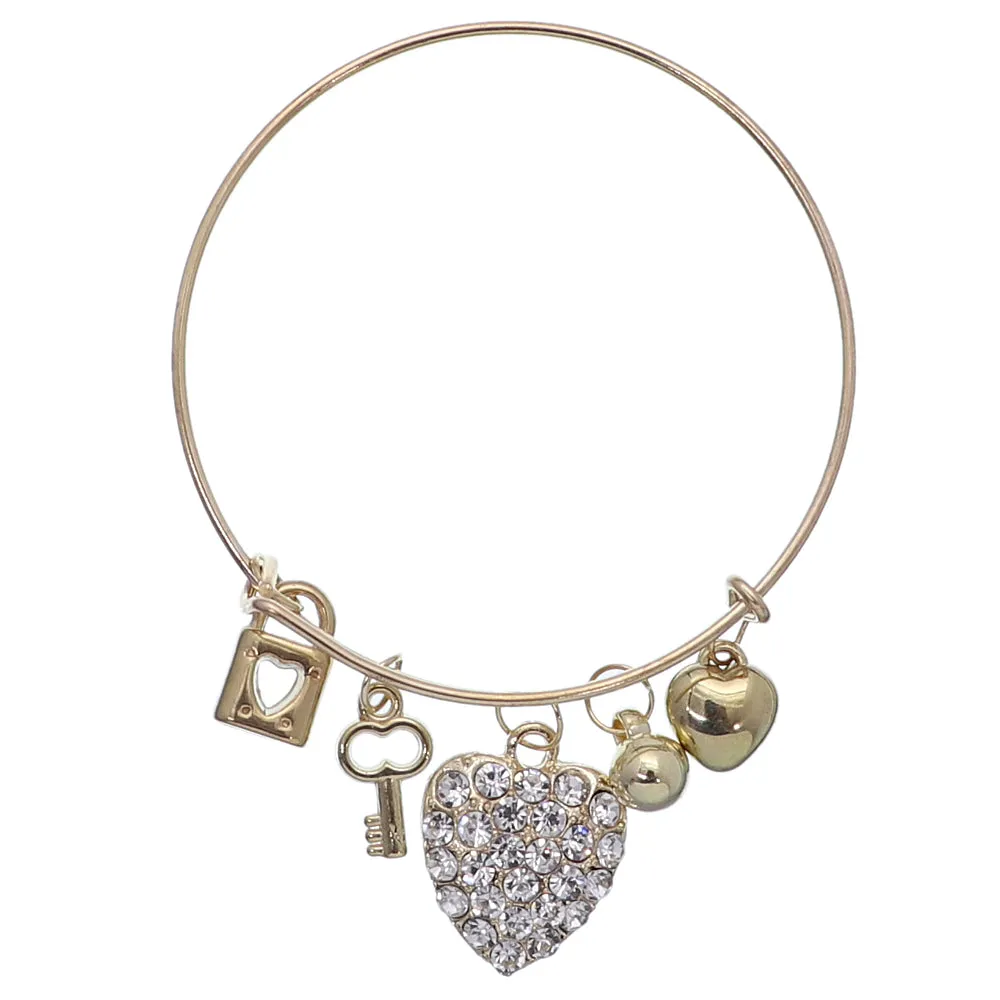 Heart Locket Key Charm Ajustable Wire Bracelet