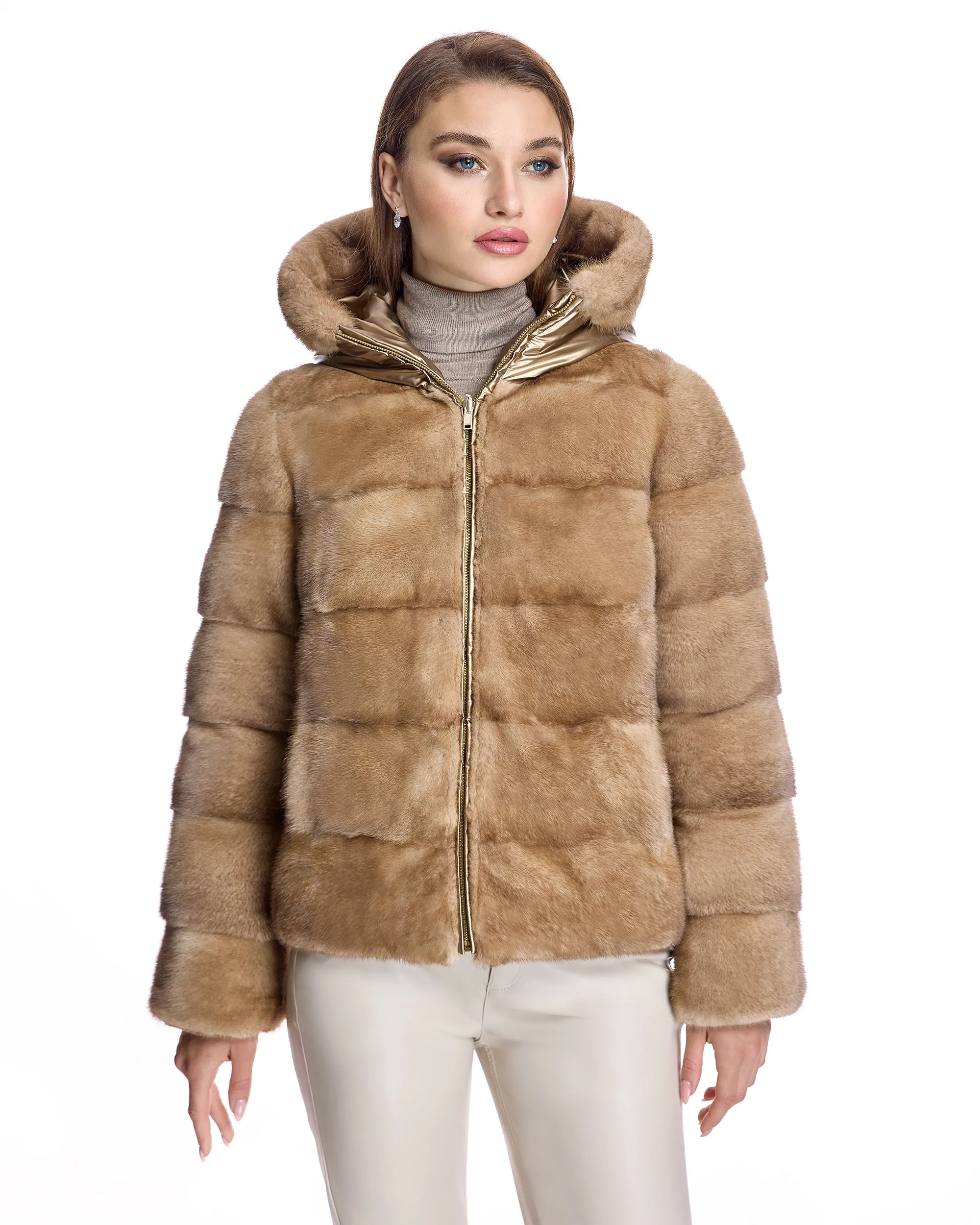 Horizontal Reversible mink jacket with Hood