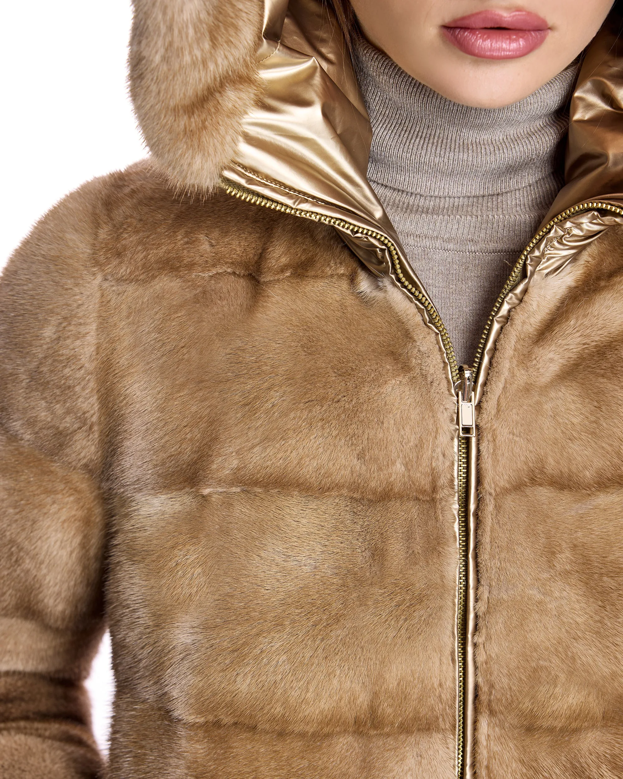 Horizontal Reversible mink jacket with Hood