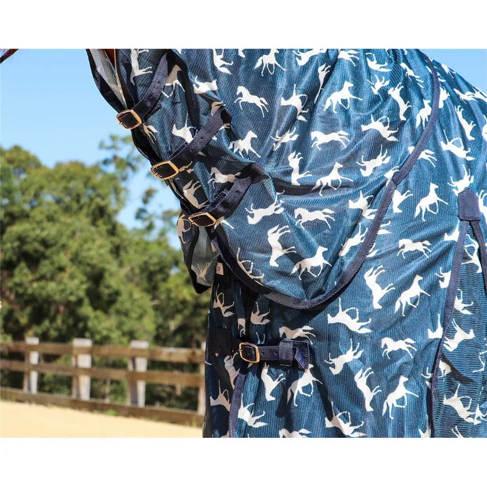 Horsemaster Fly Mesh Horse Print Combo - All-Over Horse Pattern Blue