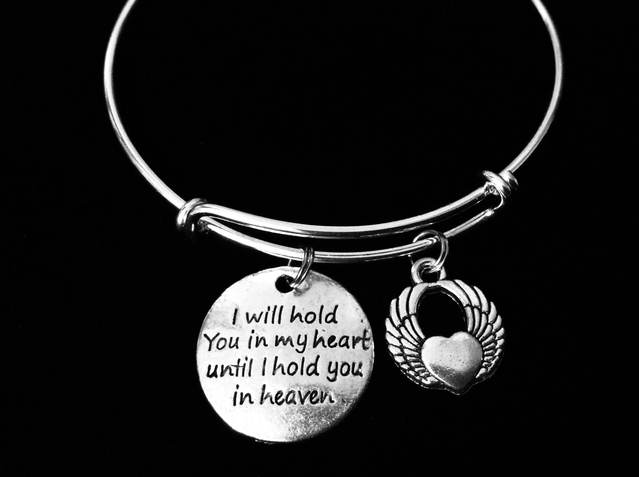 I Hold You in My Heart Until I Can Hold You in Heaven Memorial Jewelry Silver Expandable Charm Bracelet Adjustable Bangle One Size Fits All Gift Bereavement