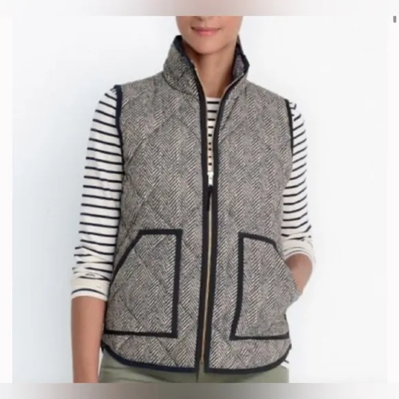 J. CREW Herringbone Quilted Excursion Vest Gray Black Women’s Size L Large