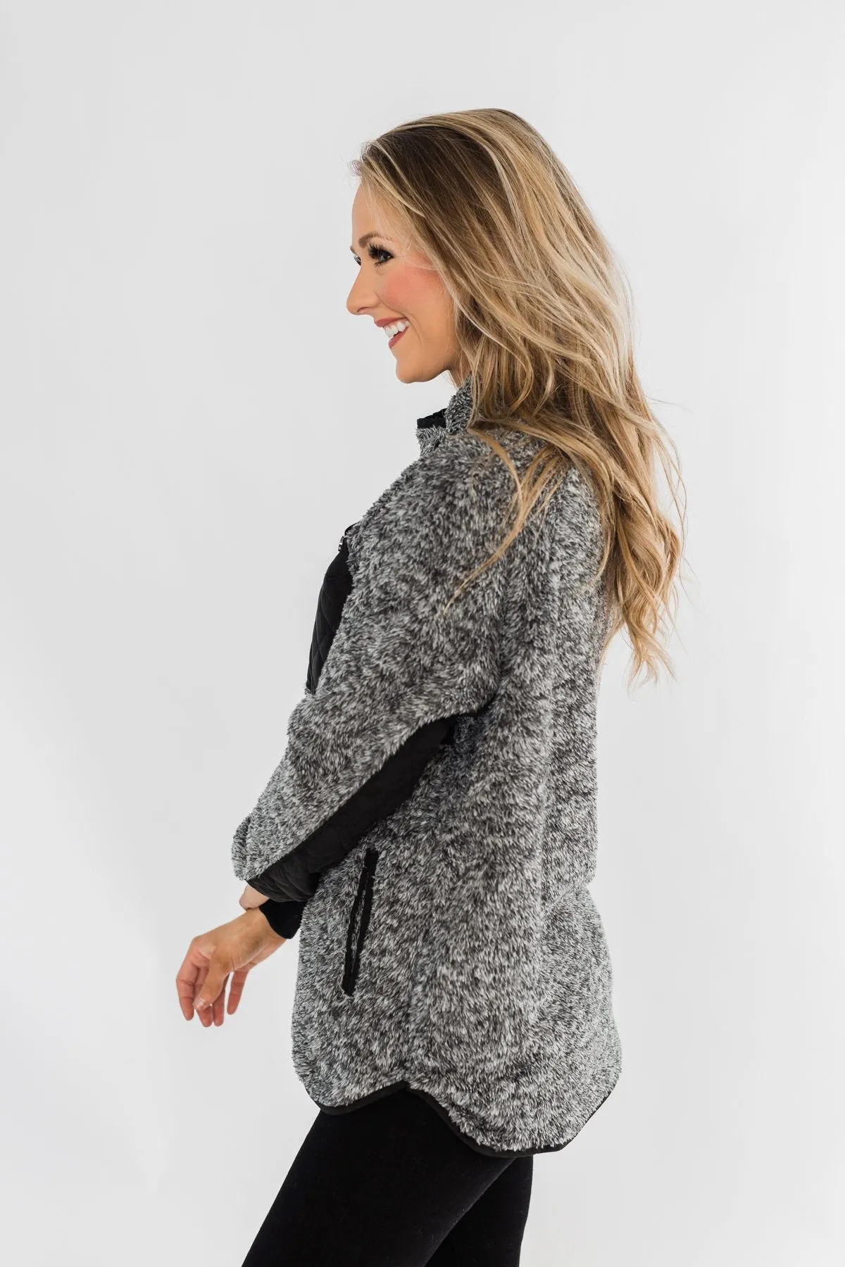 Just My Luck Quilted Sherpa Pullover- Black & Grey