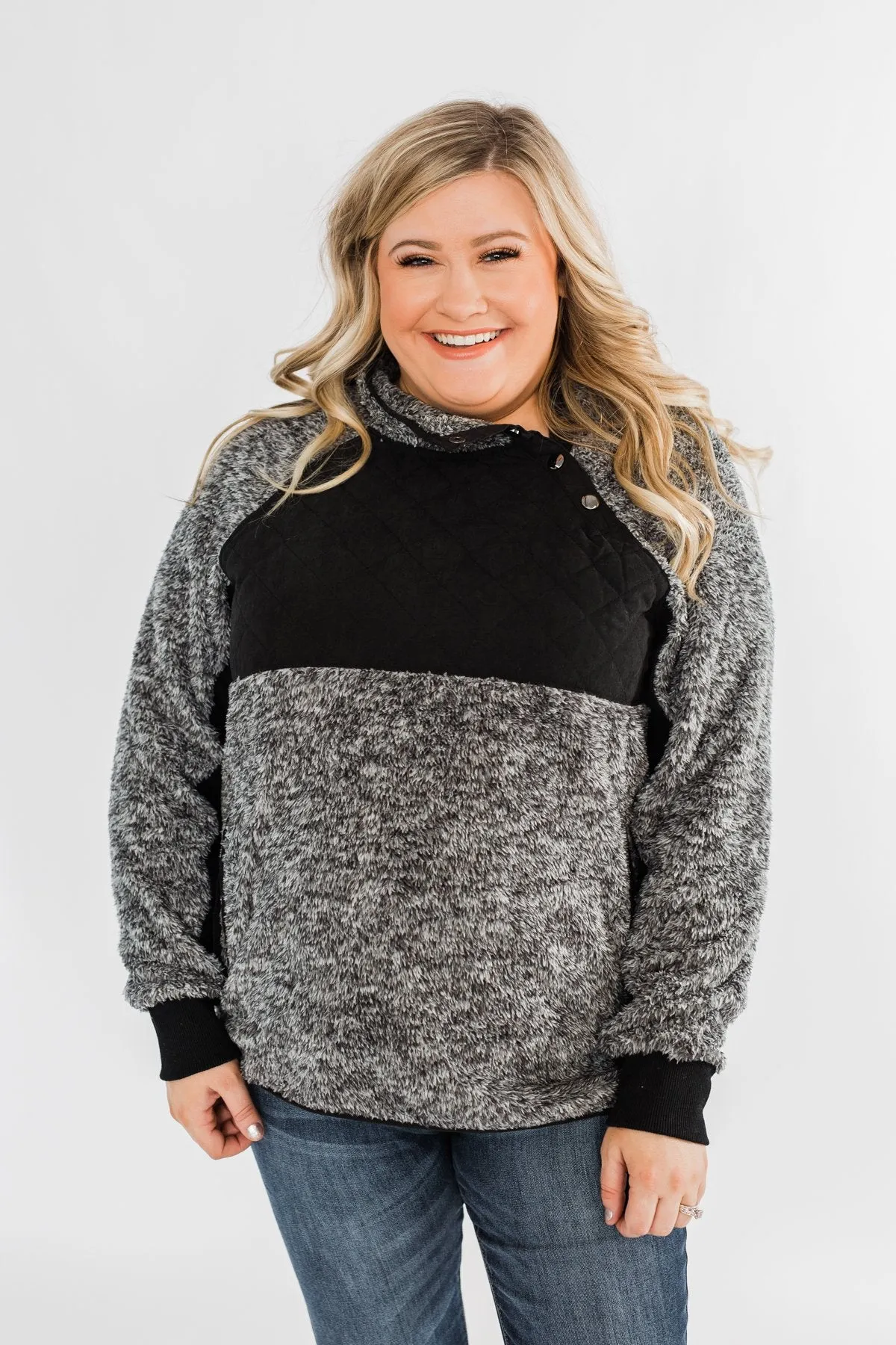 Just My Luck Quilted Sherpa Pullover- Black & Grey