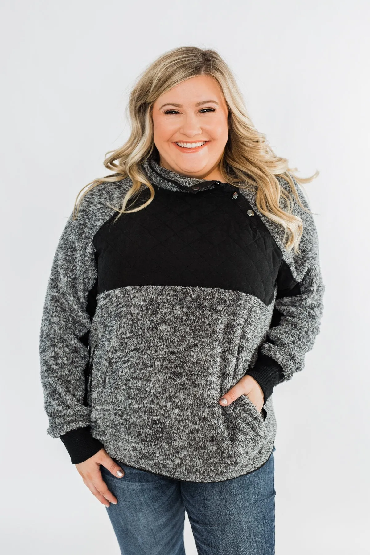 Just My Luck Quilted Sherpa Pullover- Black & Grey
