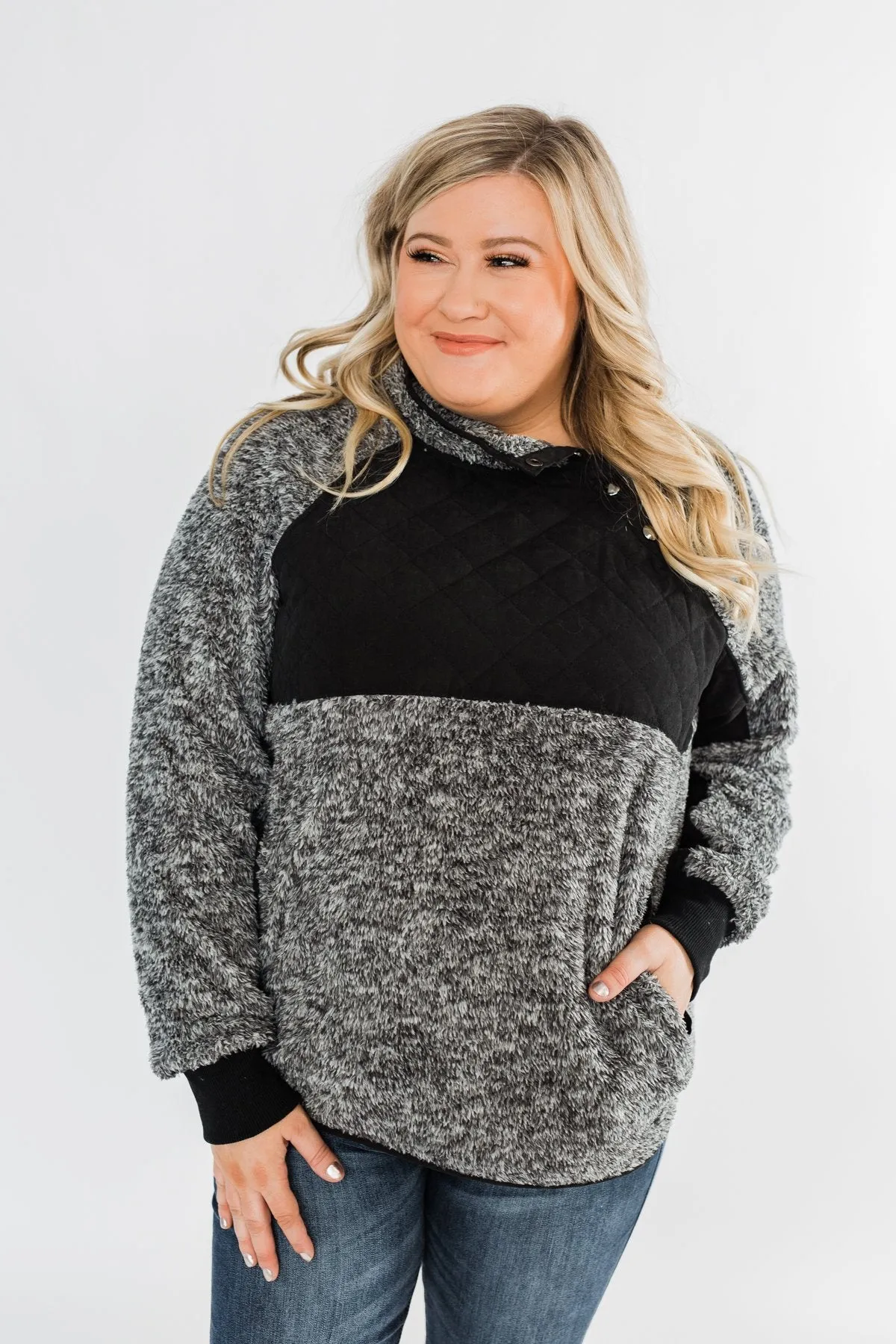 Just My Luck Quilted Sherpa Pullover- Black & Grey