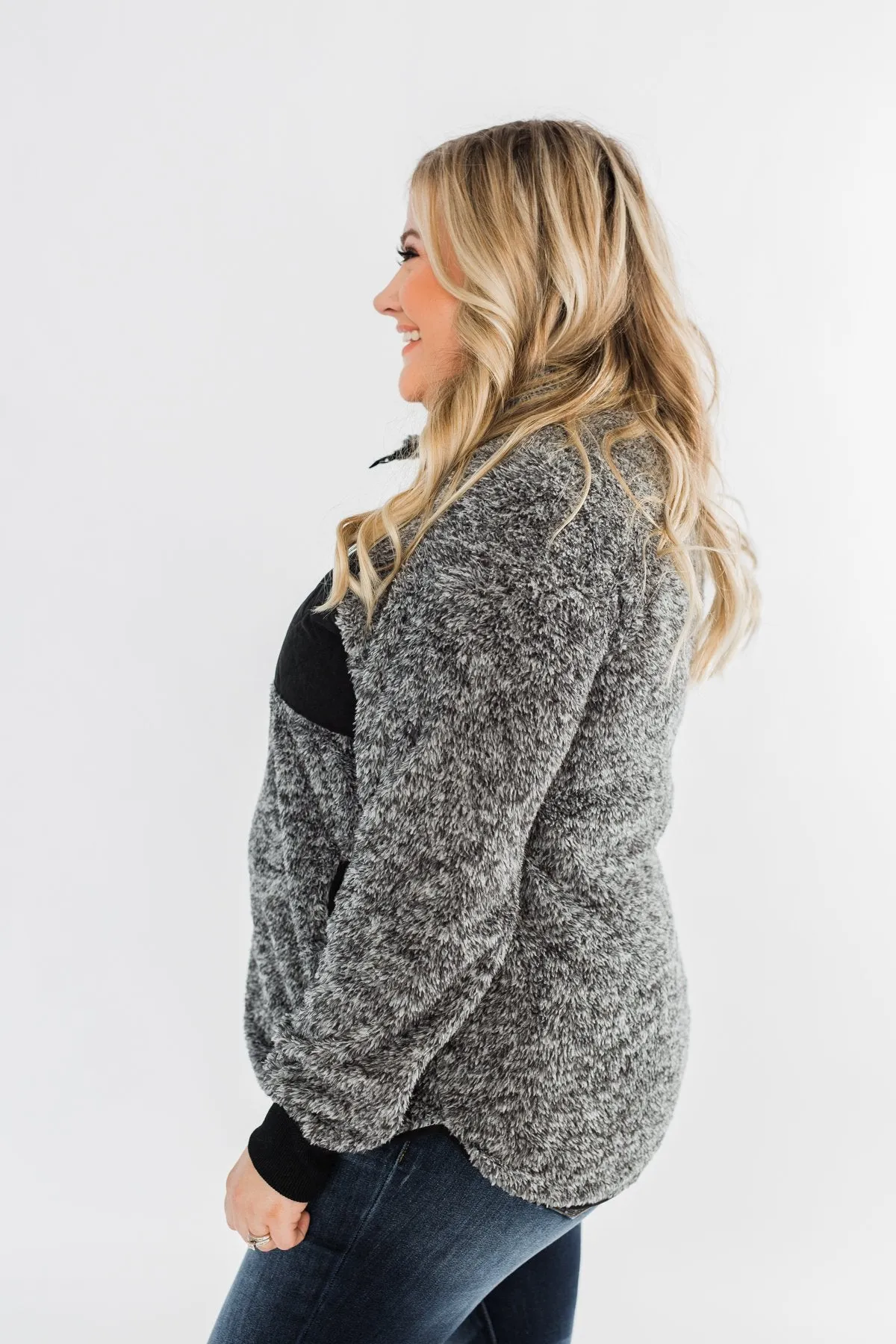 Just My Luck Quilted Sherpa Pullover- Black & Grey