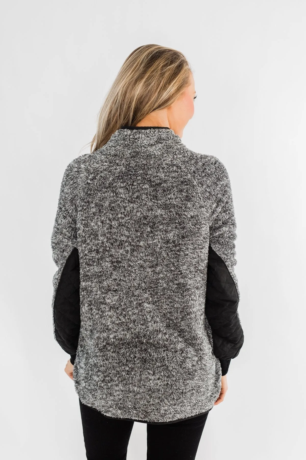 Just My Luck Quilted Sherpa Pullover- Black & Grey