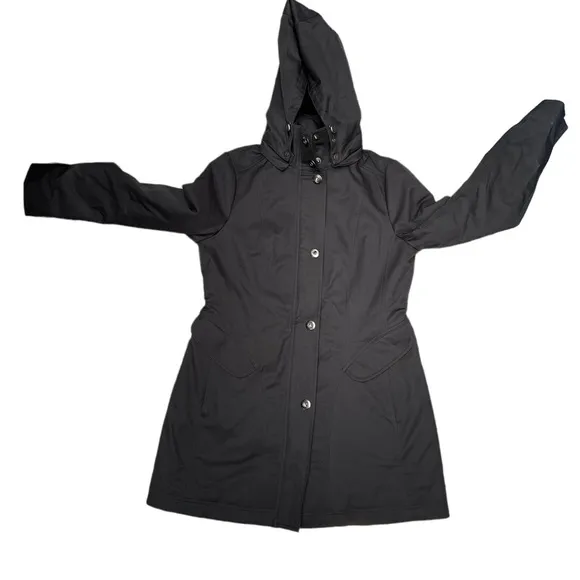 Kristen Blake black fitted long sleeve hooded pea coat size medium