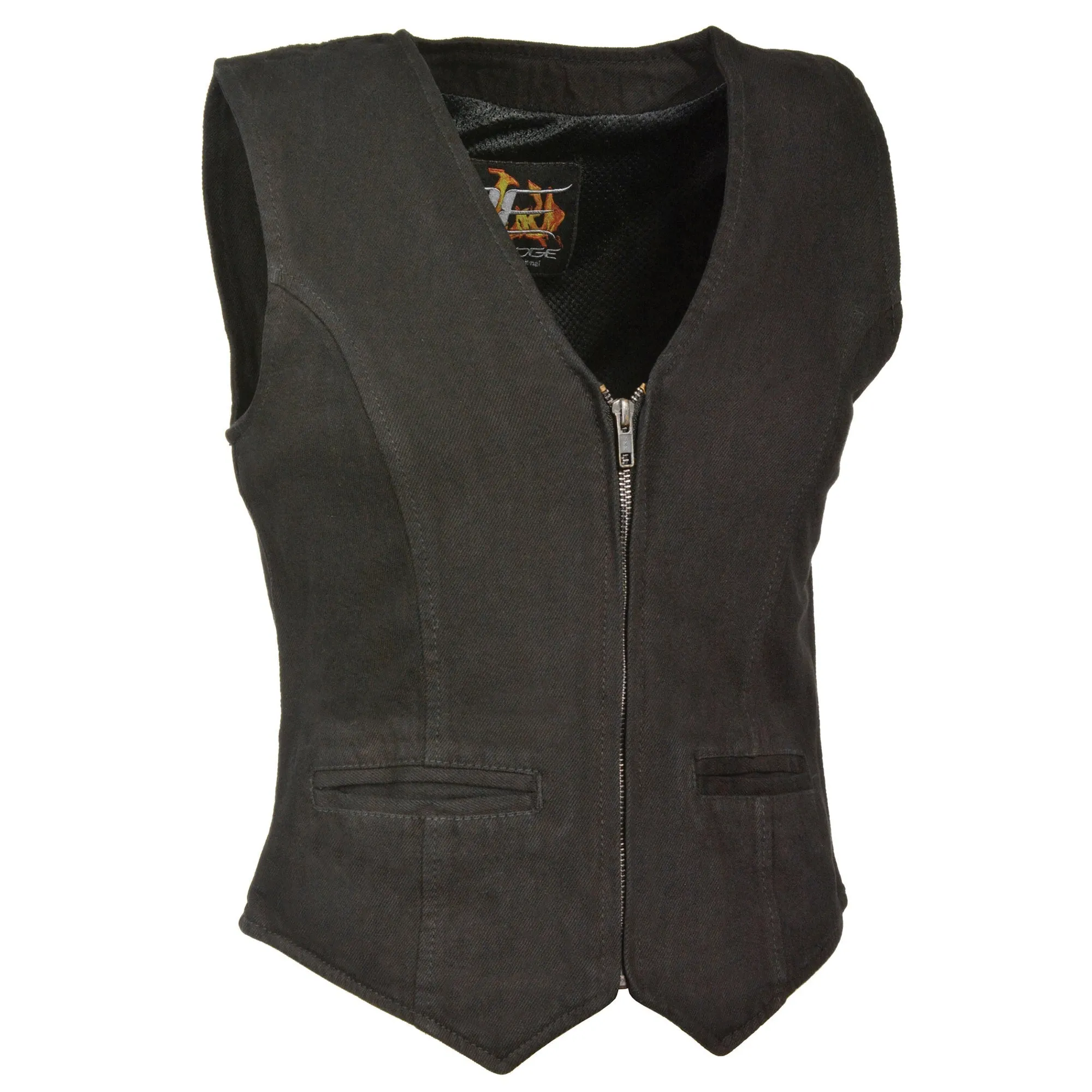 Ladies Zipper Front Denim Vest w/ V Neck Collar