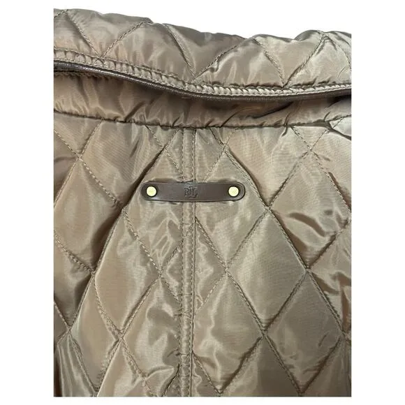 Lauren Ralph Lauren Puffer Jacket Womens XS Petite Quilted Button Up Logo Brown