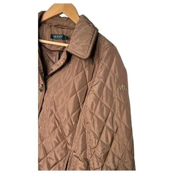 Lauren Ralph Lauren Puffer Jacket Womens XS Petite Quilted Button Up Logo Brown