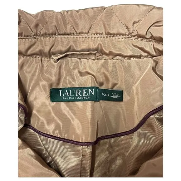 Lauren Ralph Lauren Puffer Jacket Womens XS Petite Quilted Button Up Logo Brown