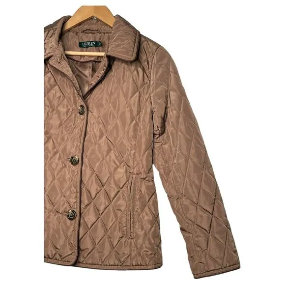 Lauren Ralph Lauren Puffer Jacket Womens XS Petite Quilted Button Up Logo Brown