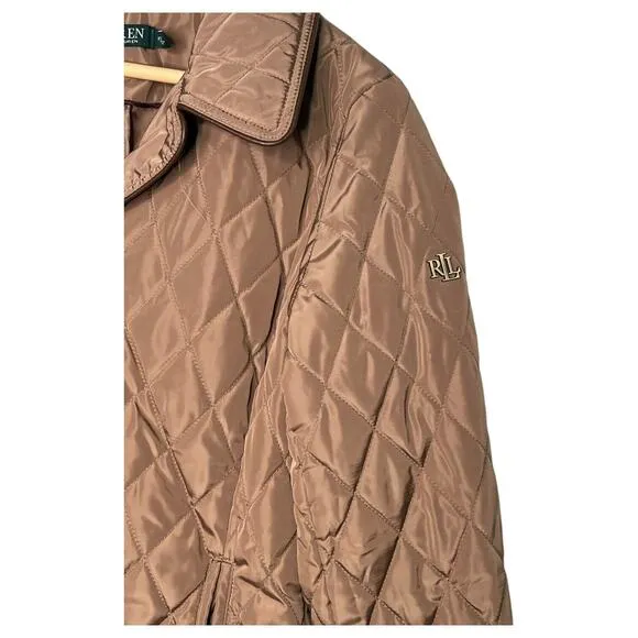 Lauren Ralph Lauren Puffer Jacket Womens XS Petite Quilted Button Up Logo Brown