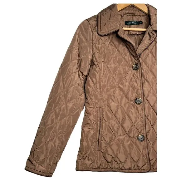 Lauren Ralph Lauren Puffer Jacket Womens XS Petite Quilted Button Up Logo Brown
