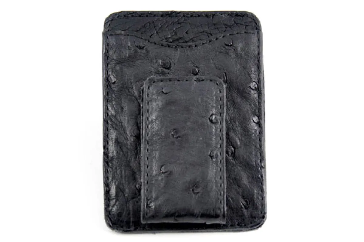 Leather Money Clip Wallet - Ostrich - Onyx Black