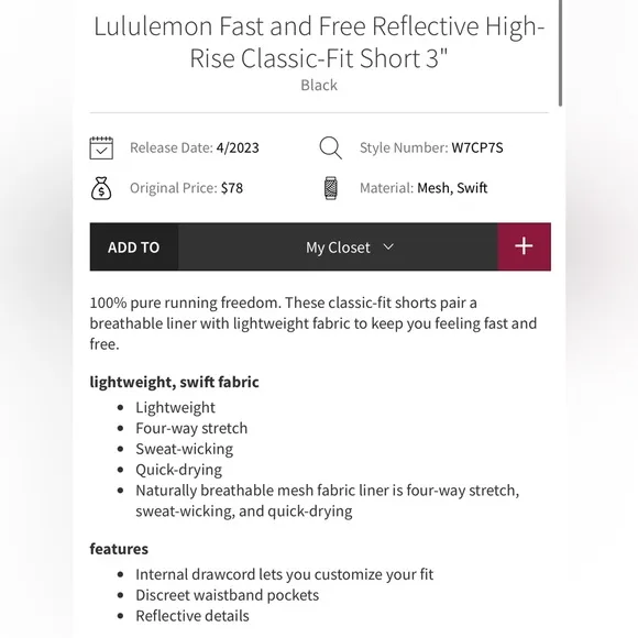 Lululemon Fast and Free Reflective High-Rise Classic-Fit Short 3&quot; Black size 6